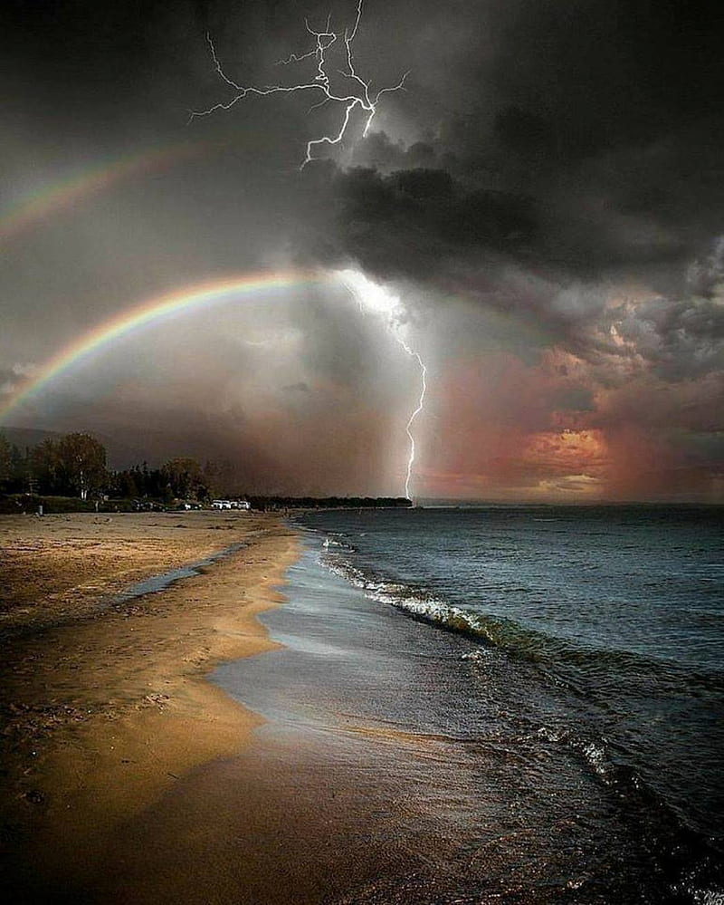 Stormy Night, beach, lightning, night, storm, HD phone wallpaper