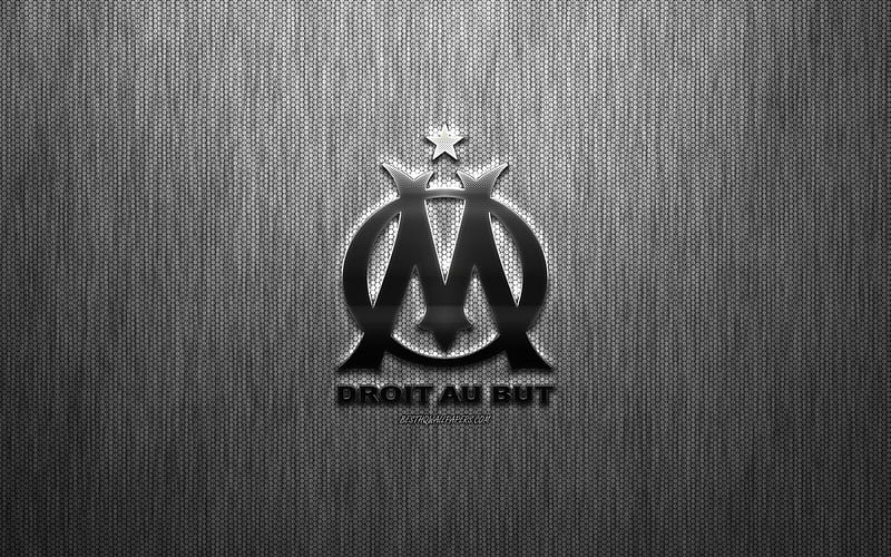 Olympique Marseille, French football club, steel logo, emblem, gray metal background, Marseille, France, Ligue 1, football, HD wallpaper