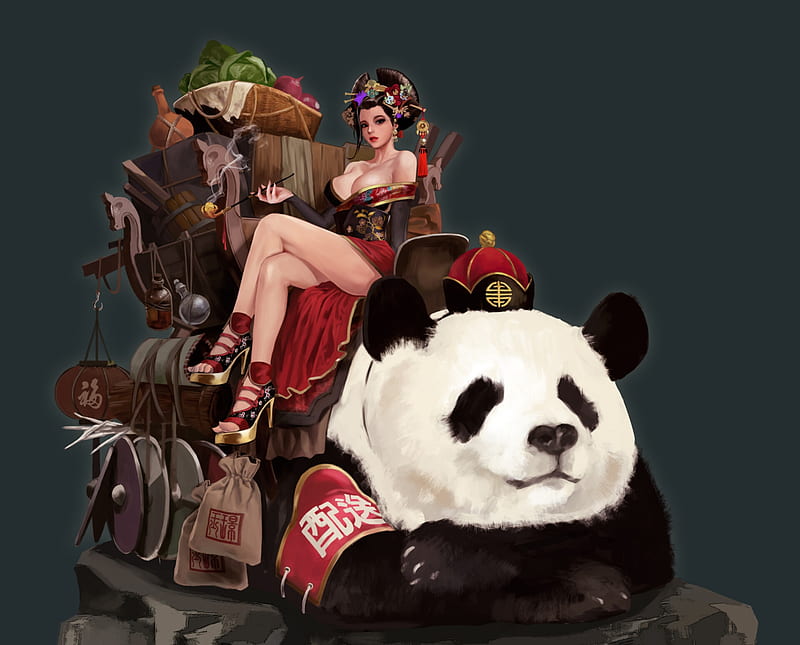 Merchant, fantasy, girl, black, jeong chan jo, white, red, luminos, animal, panda, cute, HD wallpaper