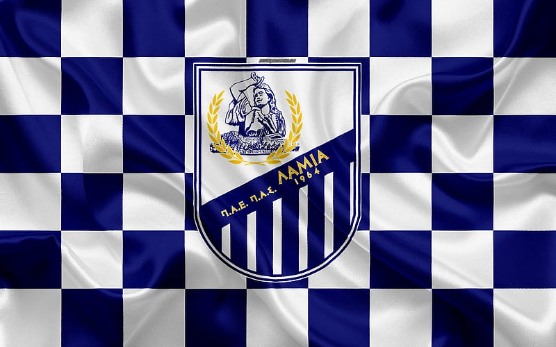 PAS Lamia 1964 logo, creative art, blue and white checkered flag, Greek football club, Super League Greece, emblem, silk texture, Lamia, Greece football, Lamia FC, HD wallpaper