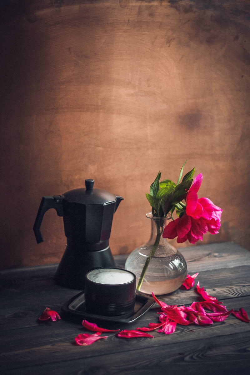 peony, flower, petals, coffee, mug, kettle, drink, HD phone wallpaper