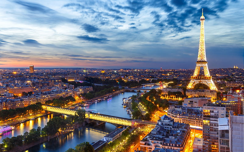 Eiffel Tower, Paris, evening, France, urban panorama, city lights, HD wallpaper