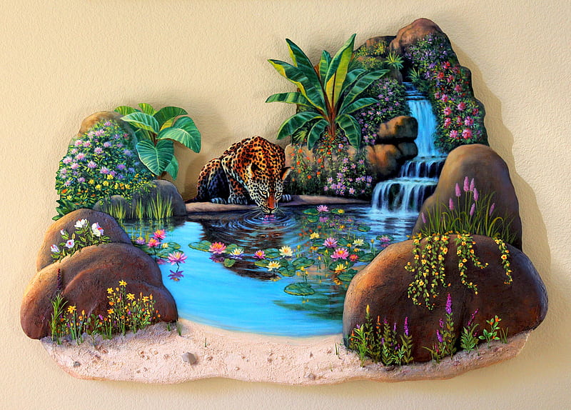 The watering hole, water, luminos, summer, waterfall, tiger, animal, HD wallpaper