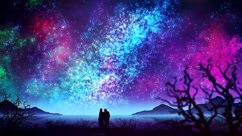 Love lights, stars, luminos, silhouette, sky, kvacm, fantasy, love, pink, couple, blue, HD wallpaper