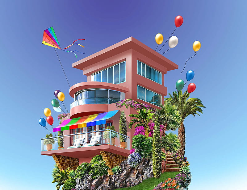Summer, fantasy, house, vara, balloon, luminos, adrian chesterman, blue, HD wallpaper