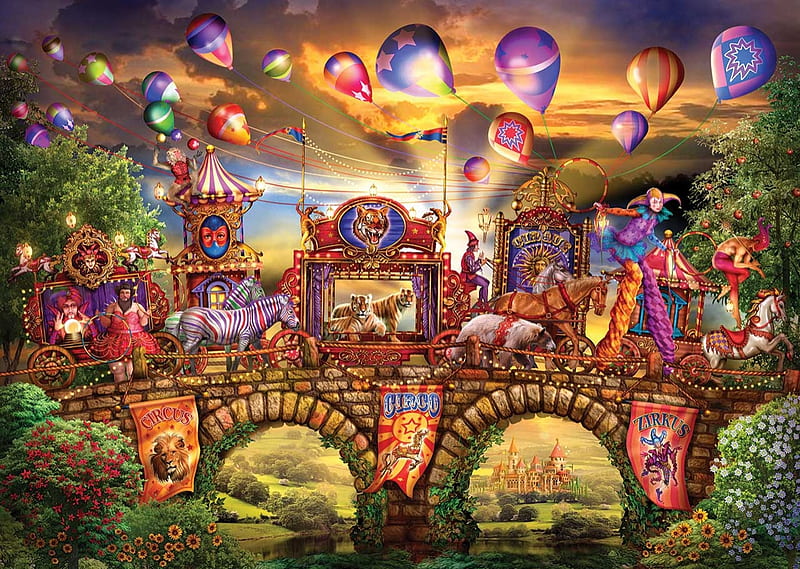 Carnival Parade, bridge, balloons, painting, tiger, carts, zebra, artwork, animals, HD wallpaper