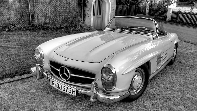 classic mercedes roadster, driveway, car, black and white, roadster, classic, HD wallpaper