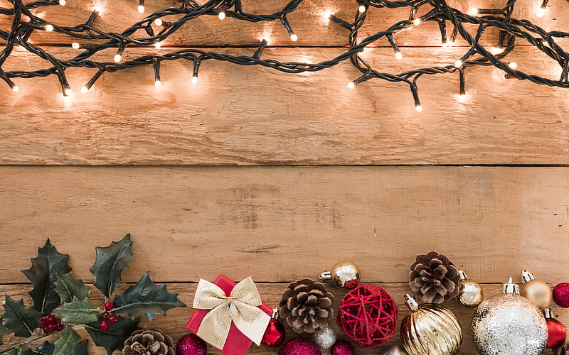 garland, christmas, new year, lights, wooden boards, wooden texture background, HD wallpaper