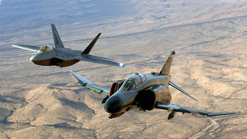American F22 Raptor and F4 Phantom, USA, Military, Aircraft, Desert, HD wallpaper