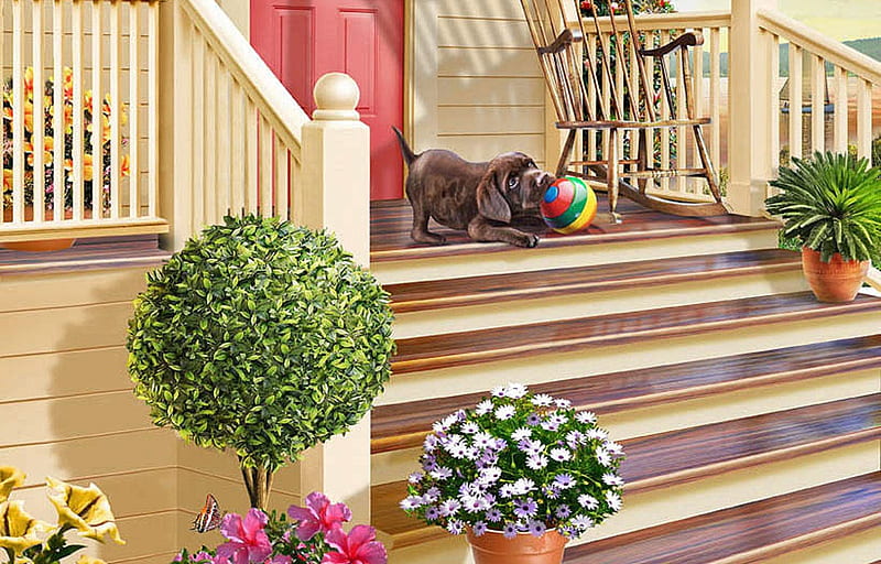 :), adrian chesterman, summer, puppy, stairs, fantasy, ball, tree, vara, porch, green, pink, HD wallpaper