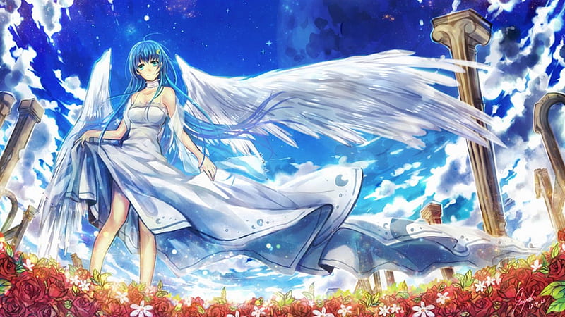 The Blue Moon, red roses, blue ahir, dress, ruins, bonito, clouds, lights, moon, anime, blue moon, flowers, beauty, anime girl, long hair, stars, female, wings, angel, smile, sky, roses, cool, air, white dress, HD wallpaper