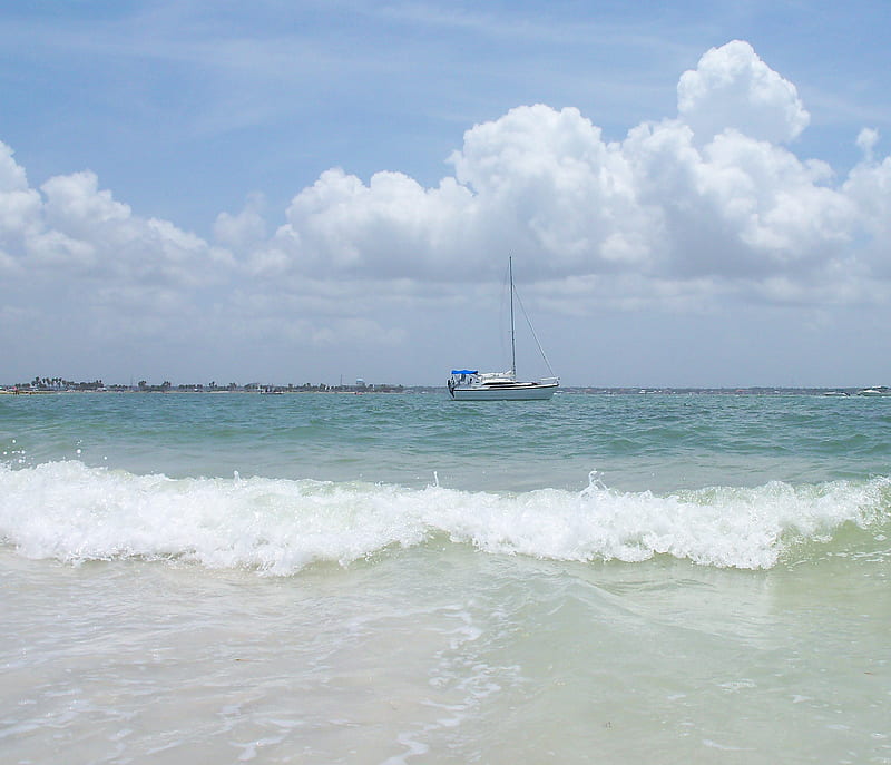 ~Serenity On the Sea~, ocean, bonito, waves, clouds, sea, beach, florida, boat, sand, blue water, nature, island, HD wallpaper