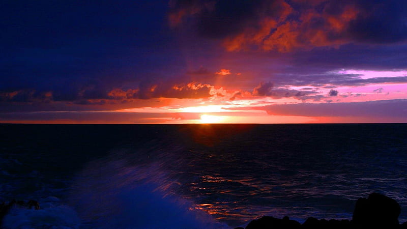 a most wonderful sea sunset, dark, sunset, waves, clouds, sea, HD wallpaper