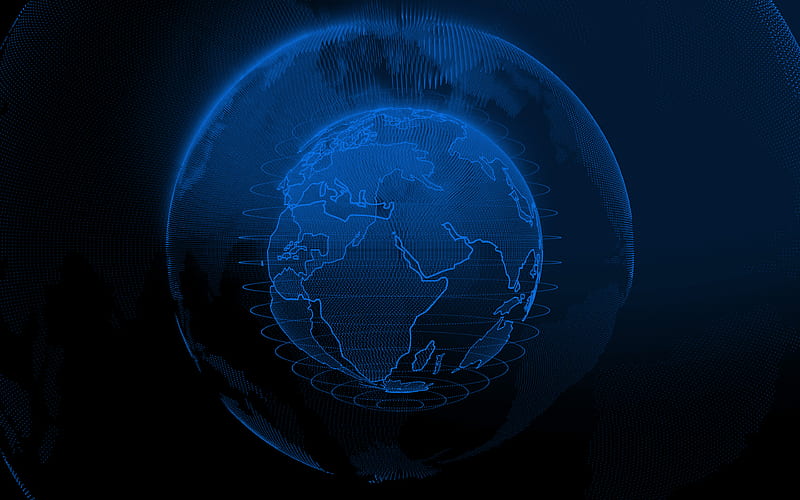 Blue digital globe, dark blue digital background, technology networks, global networks, dots globe silhouette, digital technology, dark blue technology background, HD wallpaper