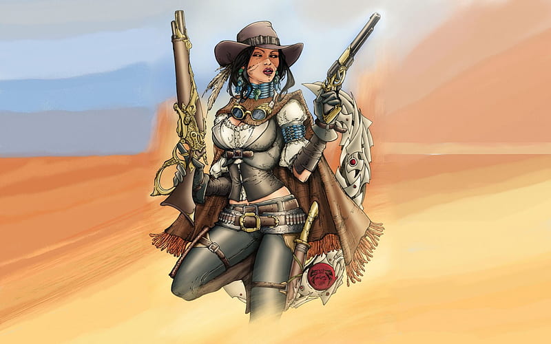 Bounty Hunter, art, female, hats, fun, cute, guns, anime, cowgirls