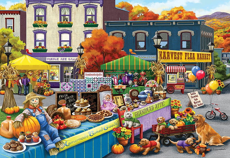 Harvest Flea Market, pumpkins, umbrellas, balloons, trees, dogs, puppies, houses, village, painting, HD wallpaper