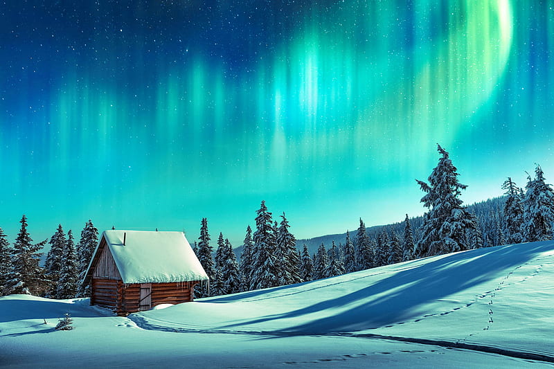 Fantastic winter landscape, Finland, aurora borealis, sky, winter, hut, house, bonito, snow, Lapland, slope, wooden, HD wallpaper