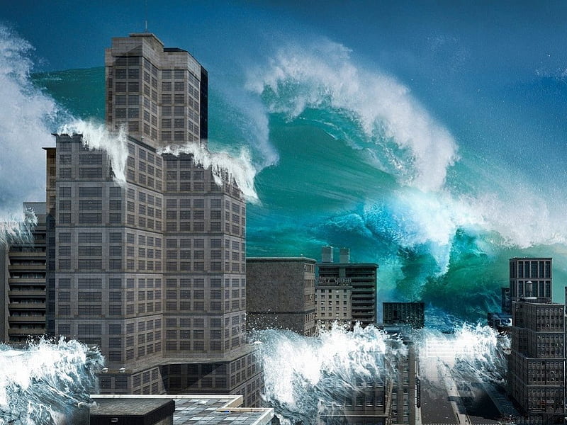 ..ALONG CAME A MIGHTY WAVE..., architecture, oceans, tidal wave, cg, tsunami, storms, waves, sea, skyscrapers, 3d, water, HD wallpaper