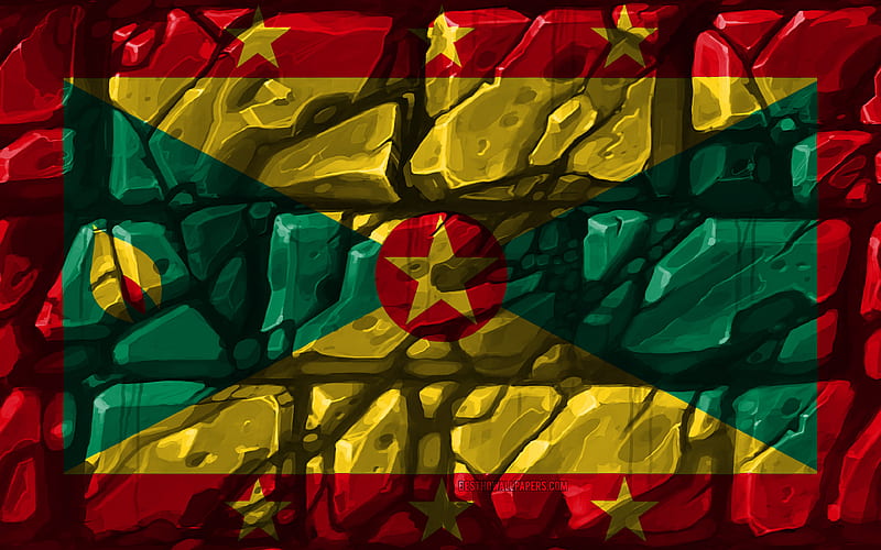 Grenada flag, brickwall North American countries, national symbols, Flag of Grenada, creative, Grenada, North America, Grenada 3D flag, HD wallpaper