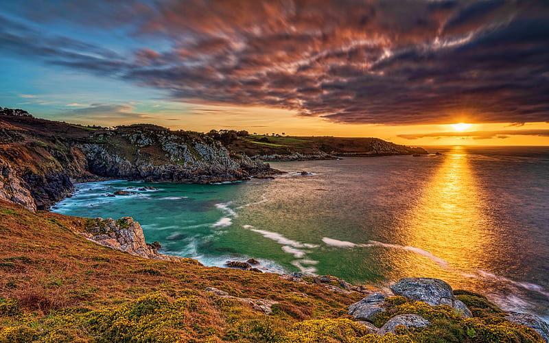 Brittany sunset, harbor, beautiful nature, coast, summer, France, Europe, sea, HD wallpaper