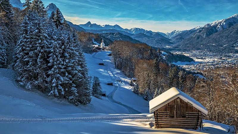 Bavarian Alps in Winter, snow, landscape, trees, germany, rocks, mountains, cabin, HD wallpaper