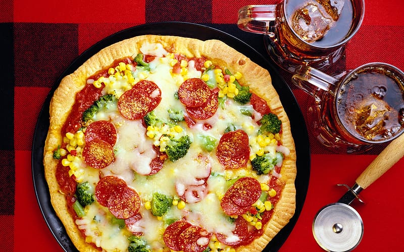 Food, Pizza, Coca Cola, Drink, Meal, Broccoli, Lunch, Salami, HD wallpaper