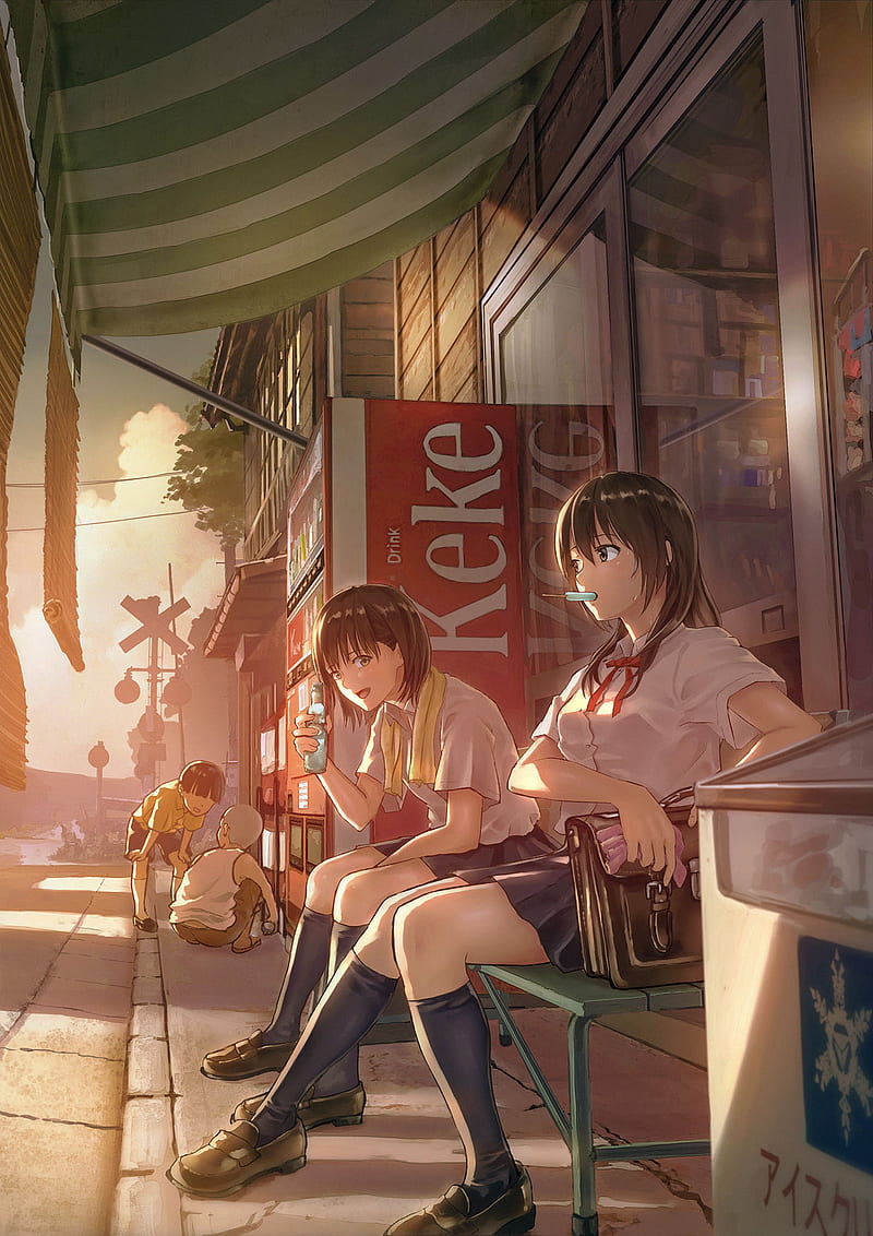 anime, anime girls, original characters, school uniform, sunset, HD phone wallpaper