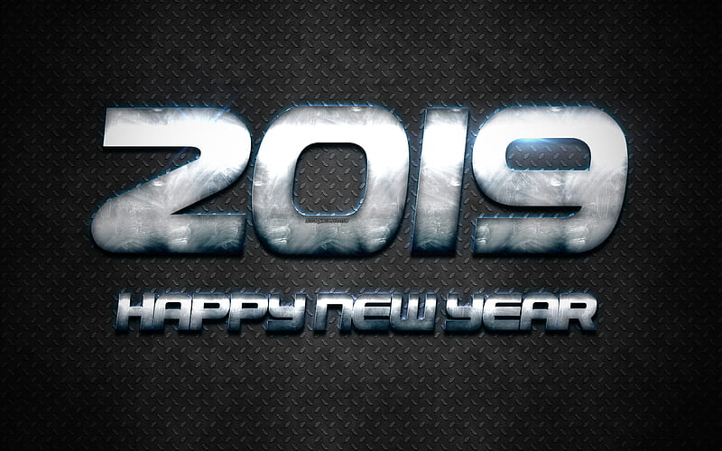 2019 year, Happy New Year, metal background, steel gray letters, 2019 concepts, creative art, New 2019 Year, HD wallpaper