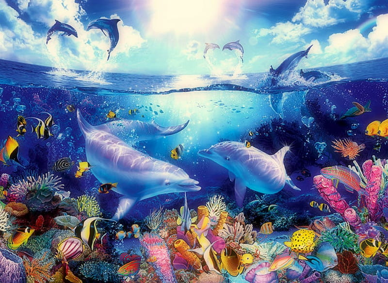 ★Day of the Dolphins★, corals, sea life, bonito, seasons, dolphins, bright, scenery, animals, joyful, turtles, underwater, fishes, ocean, colors, love four seasons, creative pre-made, undersea, paradise, summer, nature, HD wallpaper
