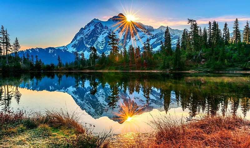 Mountain Sunrise, forest, grass, bonito, trees, lake, mountains, sunrise, reflection, snowy peaks, HD wallpaper