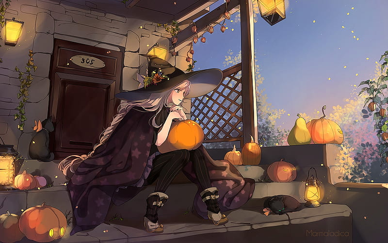 girl, halloween, pumpkin, anime, HD wallpaper