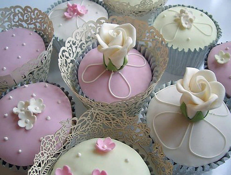 Cup Cakes, delicious, sweets, roses, wedding, delicate, pastries, cupcakes, bridals, flowers, pink, HD wallpaper