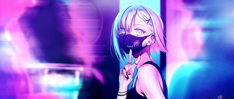 anime girl, black mask, short hair, neon lights, wristwear, Anime, HD wallpaper
