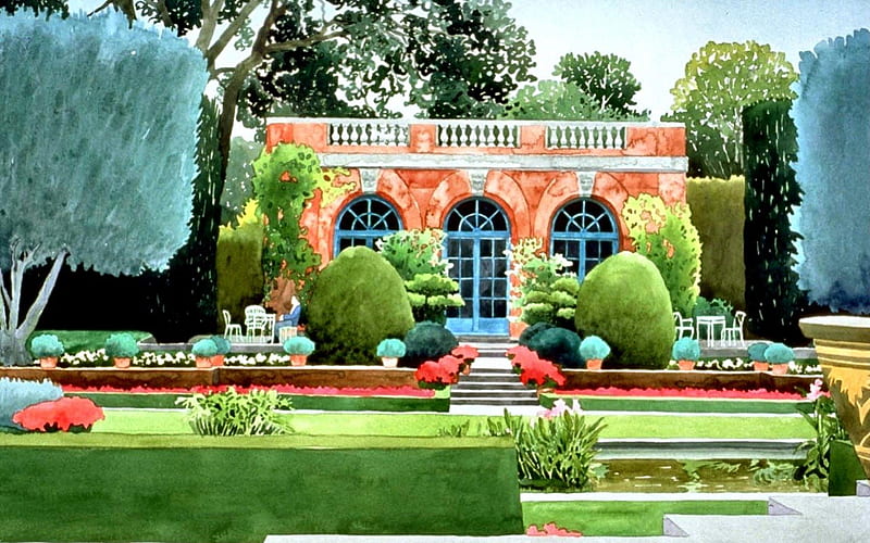 Tea House F2, art, tea house, painting, wide screen, garden, scenery, artwork, landscape, HD wallpaper