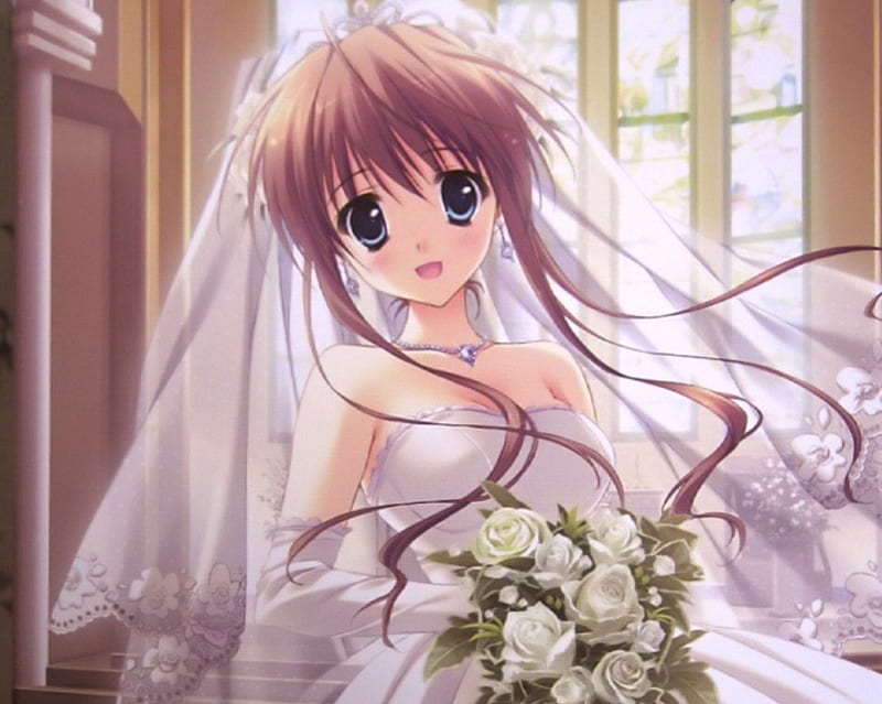 ♡ Bride ♡, pretty, dress, veil, bride, floral, sweet, nice, anime, hot, anime girl, long hair, wed, female, lovely, gown, sexy, wedding, happy, cute, girl, bouquet, flower, HD wallpaper
