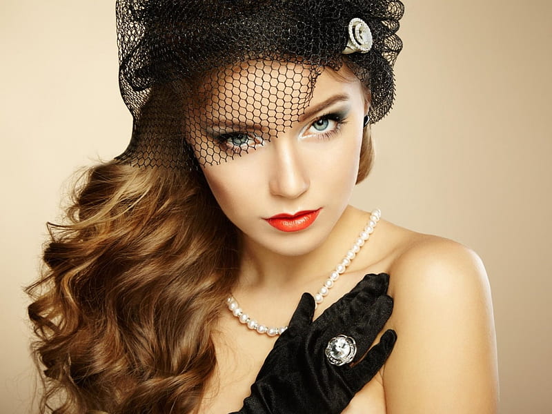 Beauty, model, orange, veil, oleg gekman, black, woman, lips, hat, glove, girl, hand, jewel, HD wallpaper