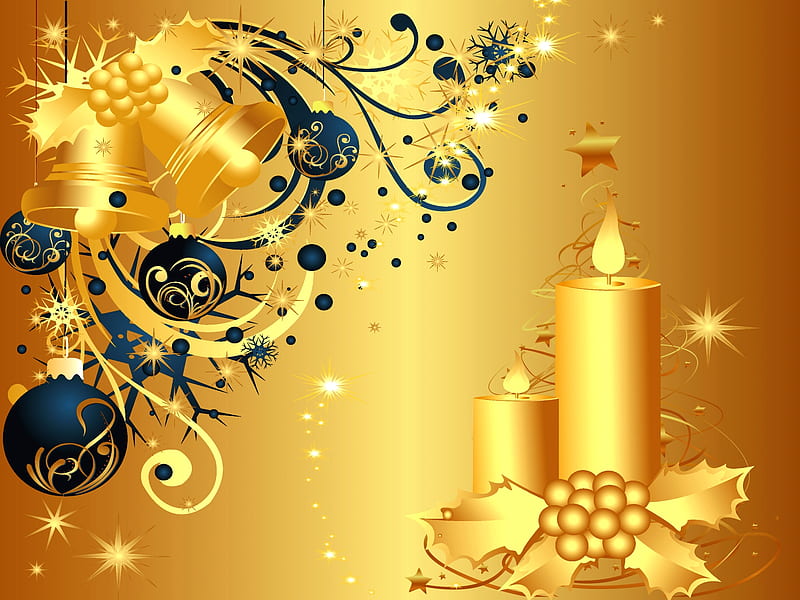Golden Christmas, Christmas, Merry Christmas, Candle, Christmas Bells, HD wallpaper