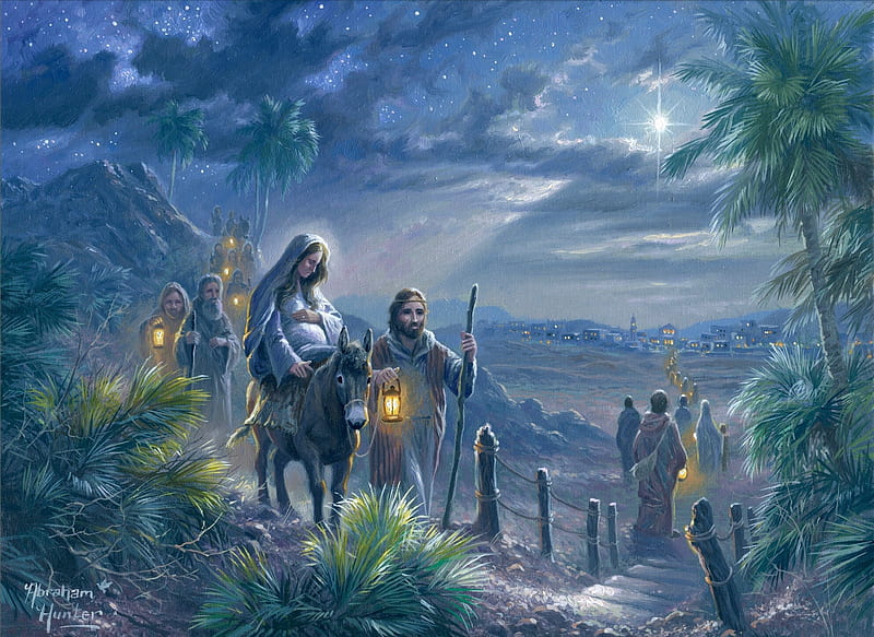 Road to Bethlehem, joseph, christmas, painting, mary, sky, night, star, artwork, donkey, HD wallpaper