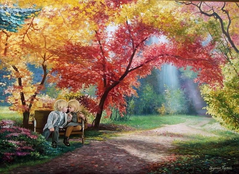 Young love, painting, children, park, pictura, zbigniew kopania, red ...