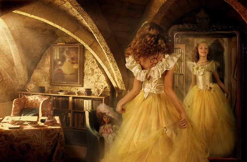 Dress Up, table, dress, bookcase, yellow gown, girl, child, mirror, chair, attic, HD wallpaper