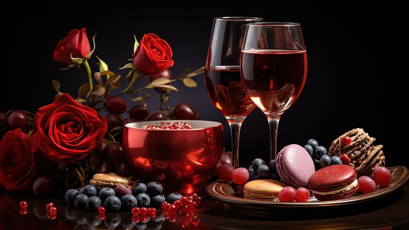❤️, Grapes, Flowers, Wine, Macaroon, Berries, HD wallpaper