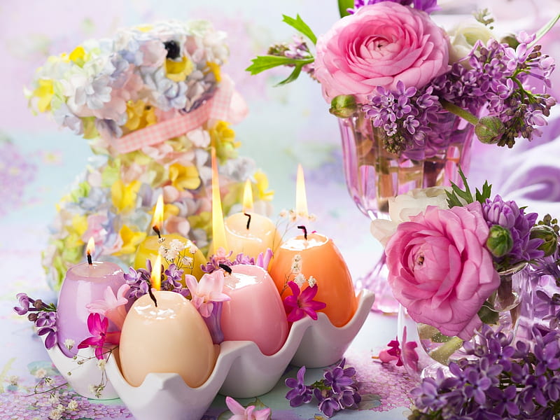 Still Life, lilac, ranunculus, flowers, vase, easter, candles, HD wallpaper