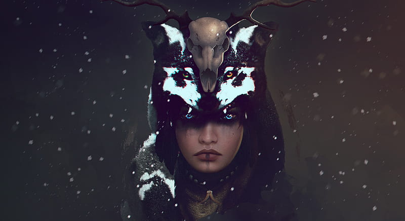 shaman girl, helmet, skull, horns, blue eyes, snow, Fantasy, HD wallpaper