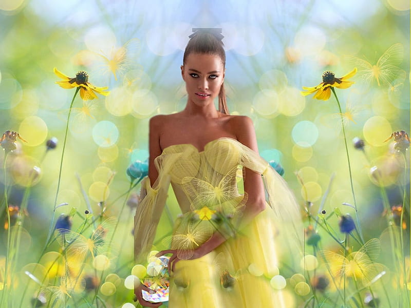 Meadow Yellow, dress, colorful, blue, white, vibrant, girl, glass globe, butterflies, vivid, yellow, bright, bold, flowers, HD wallpaper