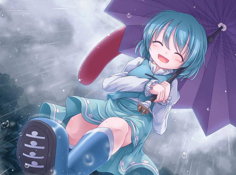 I Love Rainy Days, water, boots, anime, happiness, touhou, umbrella, rain, tatara kogasa, HD wallpaper