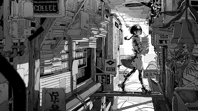 Anime, original, blanco negro, cyberpunk, Fondo de pantalla HD | Peakpx