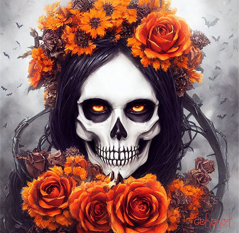 Beautiful death, skull, orange, cehenot, death, bones, by cehenot, art, rose, halloween, fantasy, flower, wreath, HD wallpaper