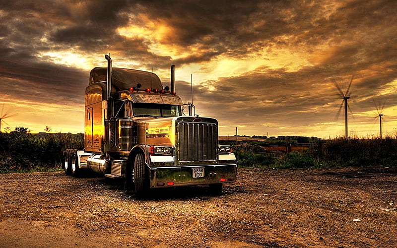 Kenworth W900, evening, sunset, golden W900, american trucks, 900-series, Kenworth, HD wallpaper