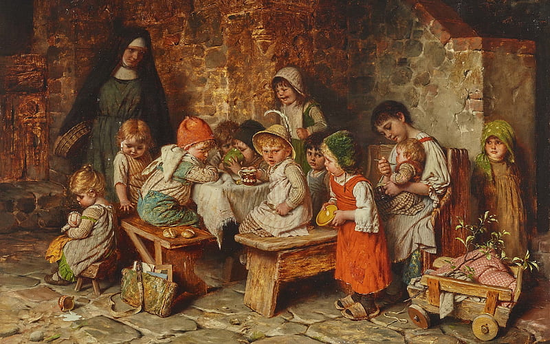 Children eat in the monastry, art, hermann von kaulbach, children, painting, pictura, woman, monastery, HD wallpaper