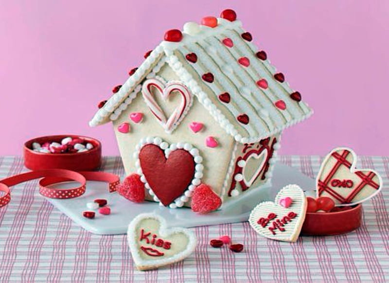 Valentine Gingerbread, Gngerbread, Pink, Re, White, Candy, Valentine, Cookies, House, HD wallpaper